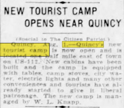 Quincy Camp (Quincy Tourist Camp) - Aug 01 1928 Article
